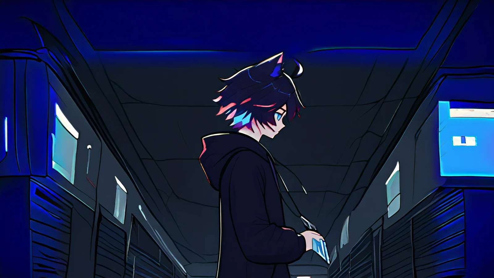 Ink-heavy OC in a dark server corridor holding up a keycard snapped in half, faceless figures on monitors behind him.