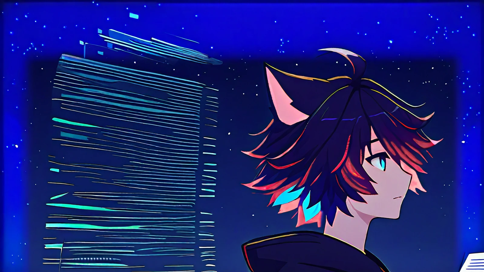 Neon-lit OC holding up a length of endless printout paper that piles around him like snowdrifts.