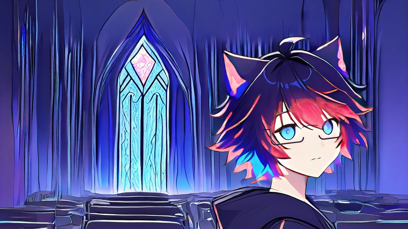 Noir OC walking down a dark cathedral aisle lined with server racks, stained glass shaped like flowcharts behind him.