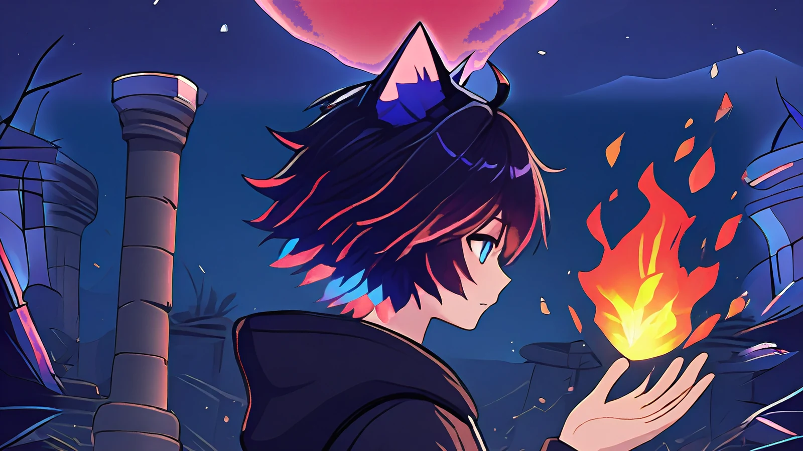 The OC at night in ancient ruins, holding a small coral flame that burns glowing runes off a cracked stone tablet.