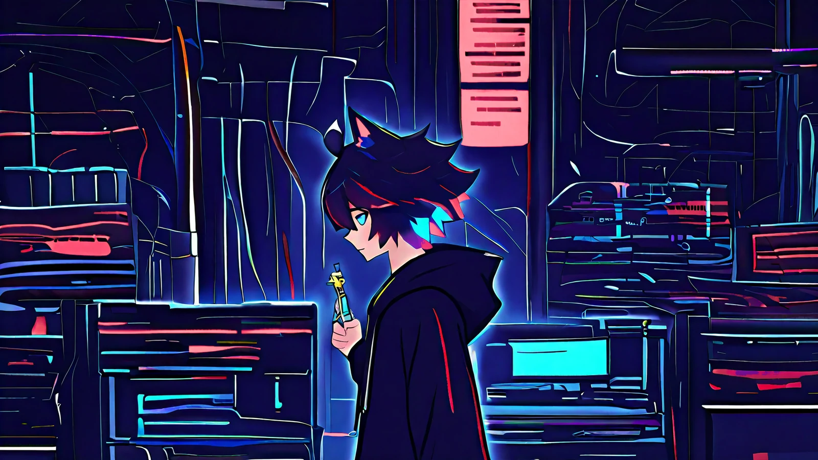 Neon-lit OC holding up a small glowing hardware key in front of rows of open mining rigs and unlocked padlocks.
