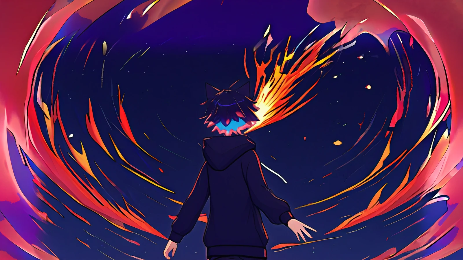 The OC catching a storm of red streaks in his raised hand, turning them into a spiralling coral vortex of fire.