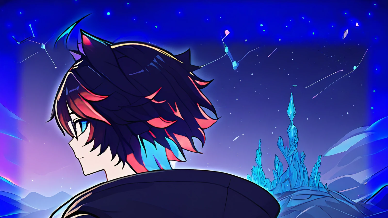 Game-splash OC in a star-traveller coat descending through a snowy night sky over a frozen palace city, violet lightning around him.