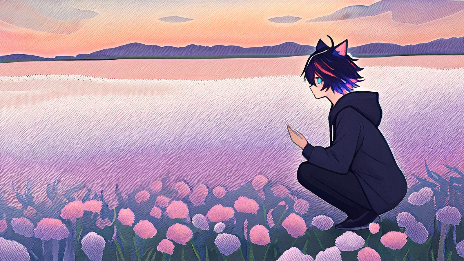 Watercolour OC crouching in a meadow to look closely at a single flower among a blurry field.