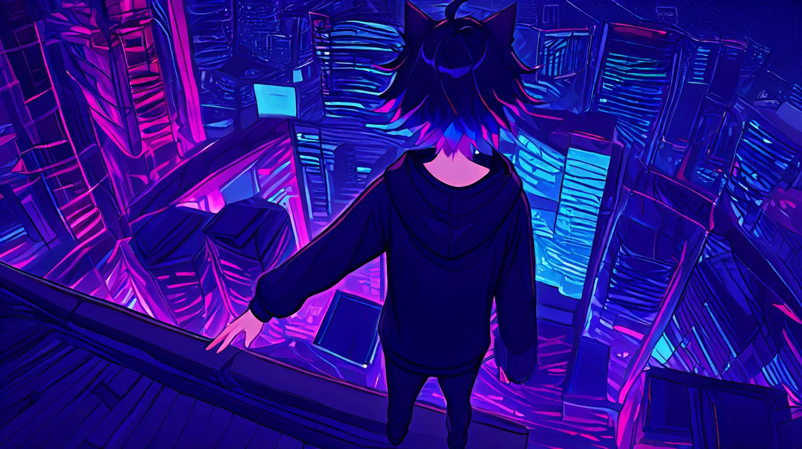 Wide shot of the coral cat-eared OC, three-quarter view, on a rooftop above a neon city, holographic lattice drifting in the air behind him.