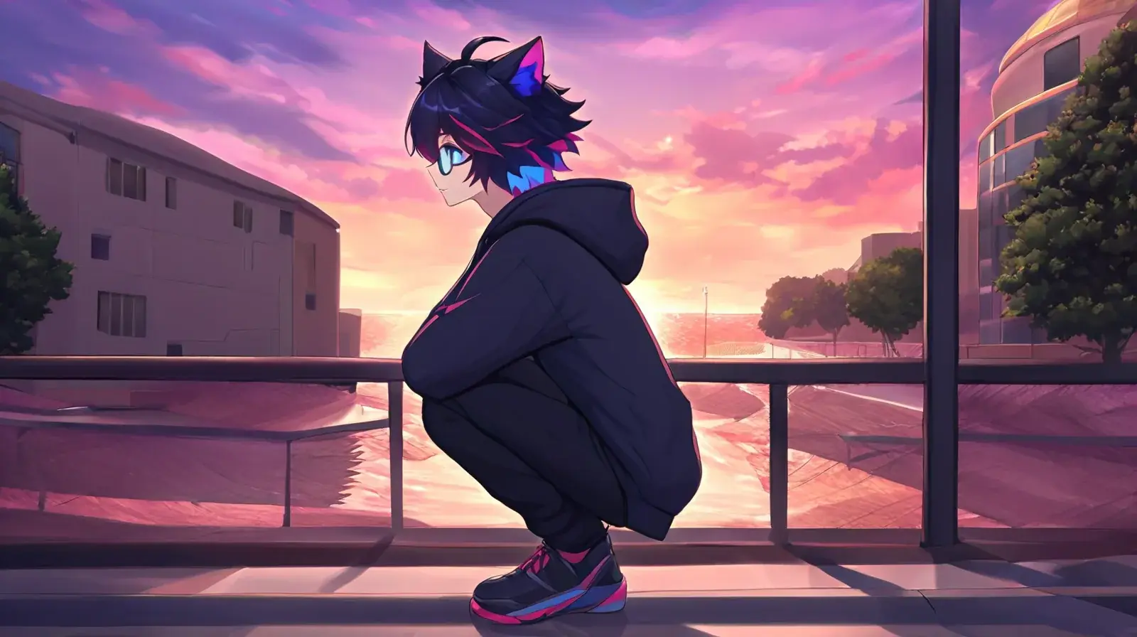 The coral cat-eared OC crouches on a walkway railing above a city street, a magenta sunset filling the sky behind him.