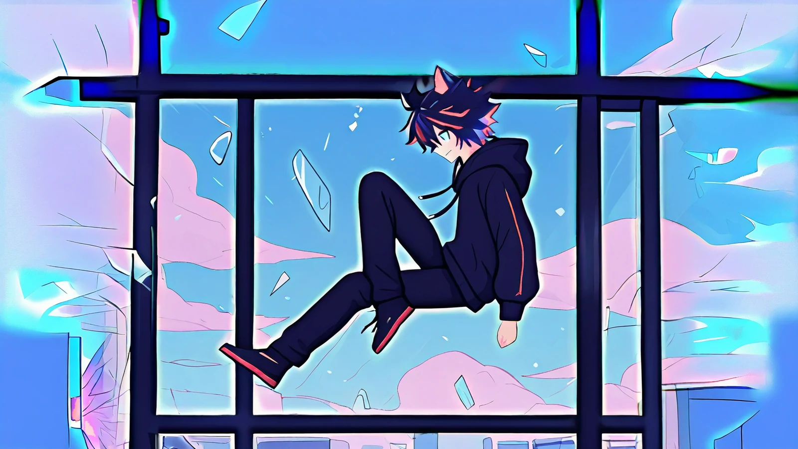 Cartoony OC flying feet-first through a huge pane of window glass that shatters around him under a bright sky.