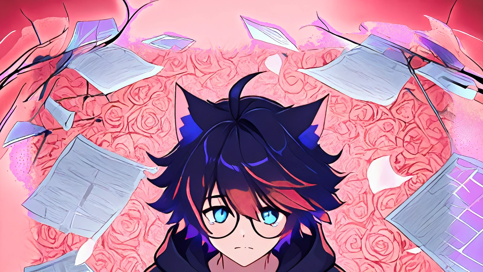 Classic shoujo OC tearing through a huge grid-lined sheet, roses and floating memory photos spilling out behind it.