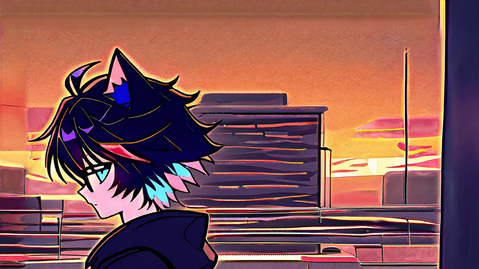Retro-cel OC at an airport X-ray conveyor, shrugging beside an open suitcase that holds only a warm glow.