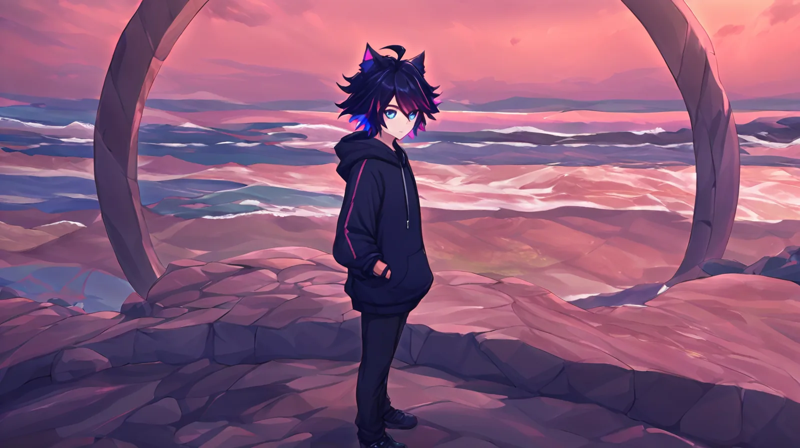 Wide shot of the coral cat-eared OC, three-quarter view, standing under a civic stone archway at dusk, colonnade and long shadows, distant capitol dome.