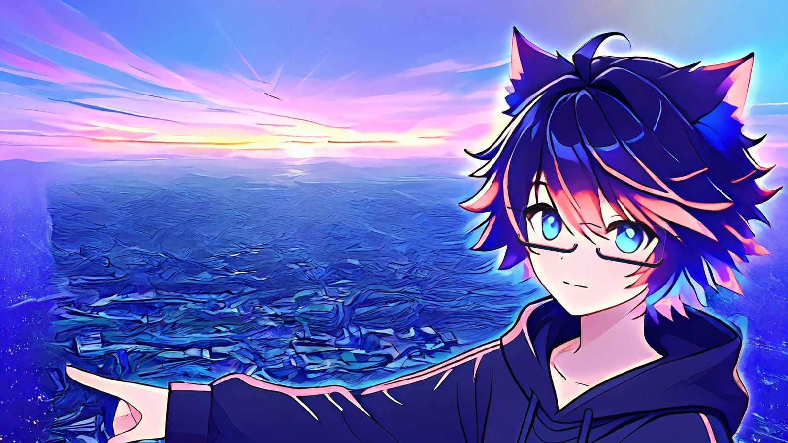 Painterly OC on a cliff at sunrise pointing toward a horizon of greenhouses, wind turbines and a rising rocket.