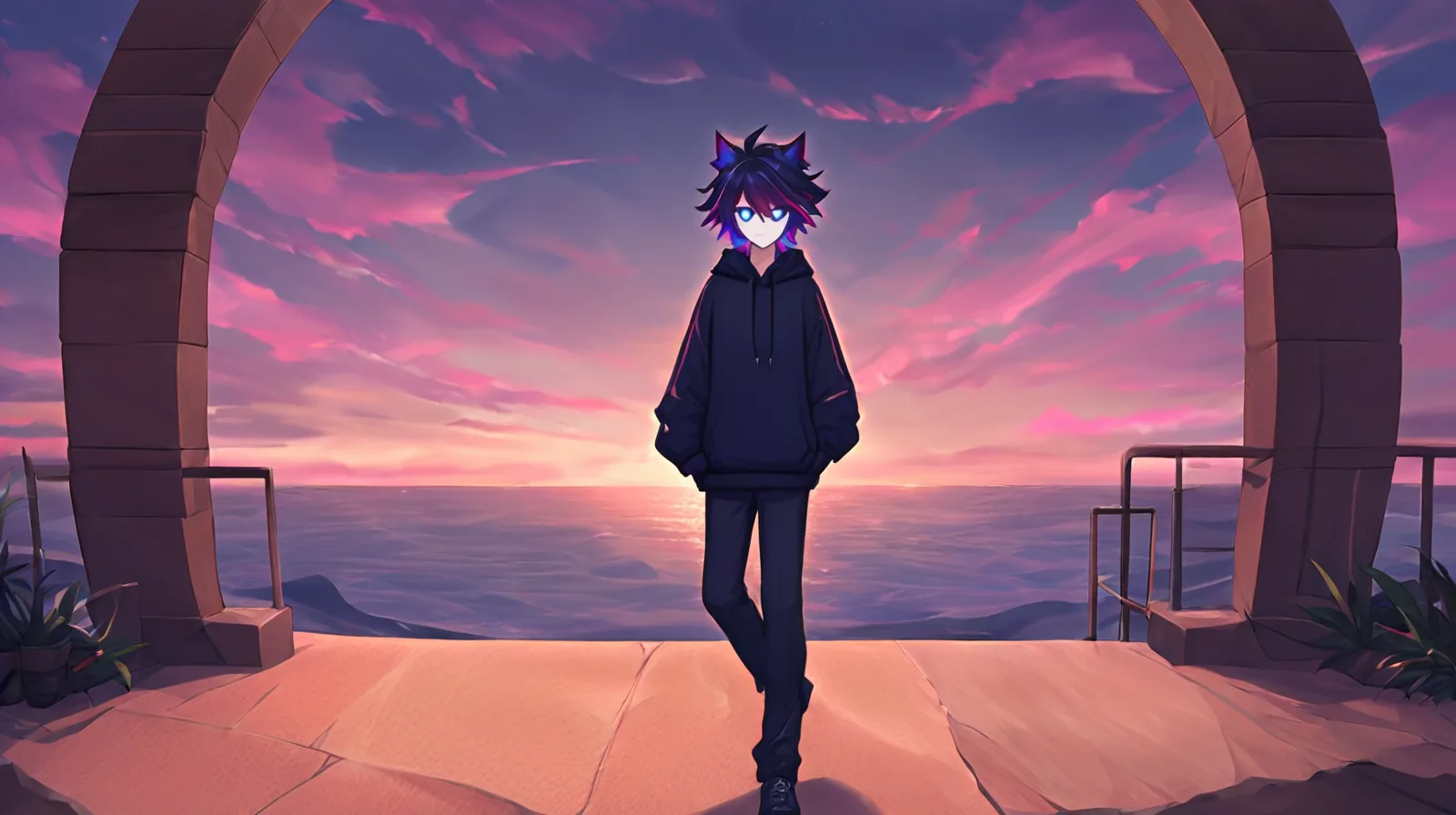 Wide shot of the coral cat-eared OC, three-quarter view, standing under a civic stone archway at dusk, colonnade and long shadows, distant capitol dome.