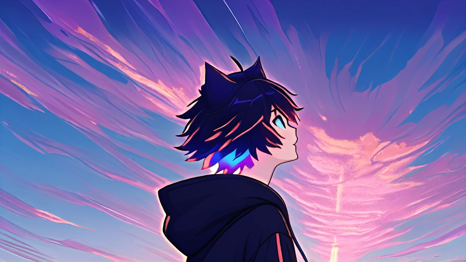 The OC sitting on a golden-hour hilltop watching translucent glowing sheets of data drift up into towering clouds.