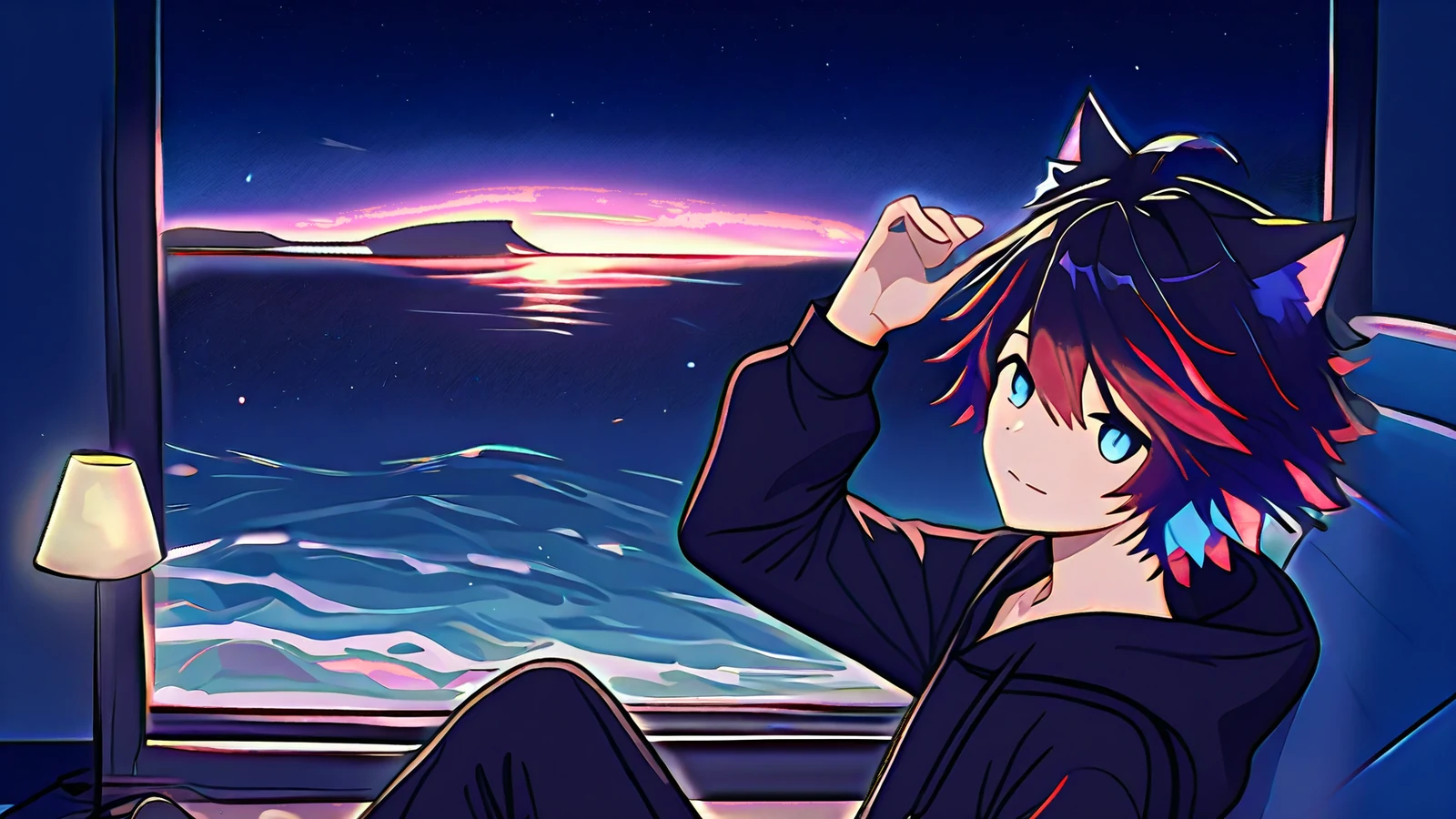 The OC with cat ears lounging by a night window over a moonlit sea, hand in his hair, a small lamp glowing beside him.
