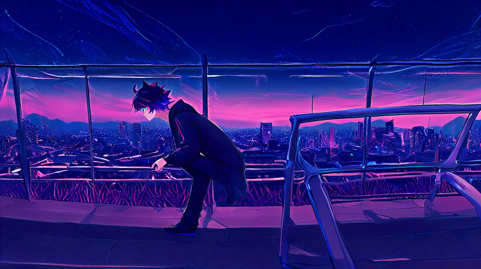 Wide shot of the coral cat-eared OC, three-quarter view, on a rooftop above a neon city, holographic lattice drifting in the air behind him.