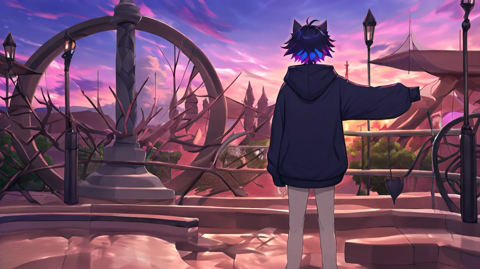 Wide shot of the coral cat-eared OC, three-quarter view, standing under a civic stone archway at dusk, colonnade and long shadows, distant capitol dome.