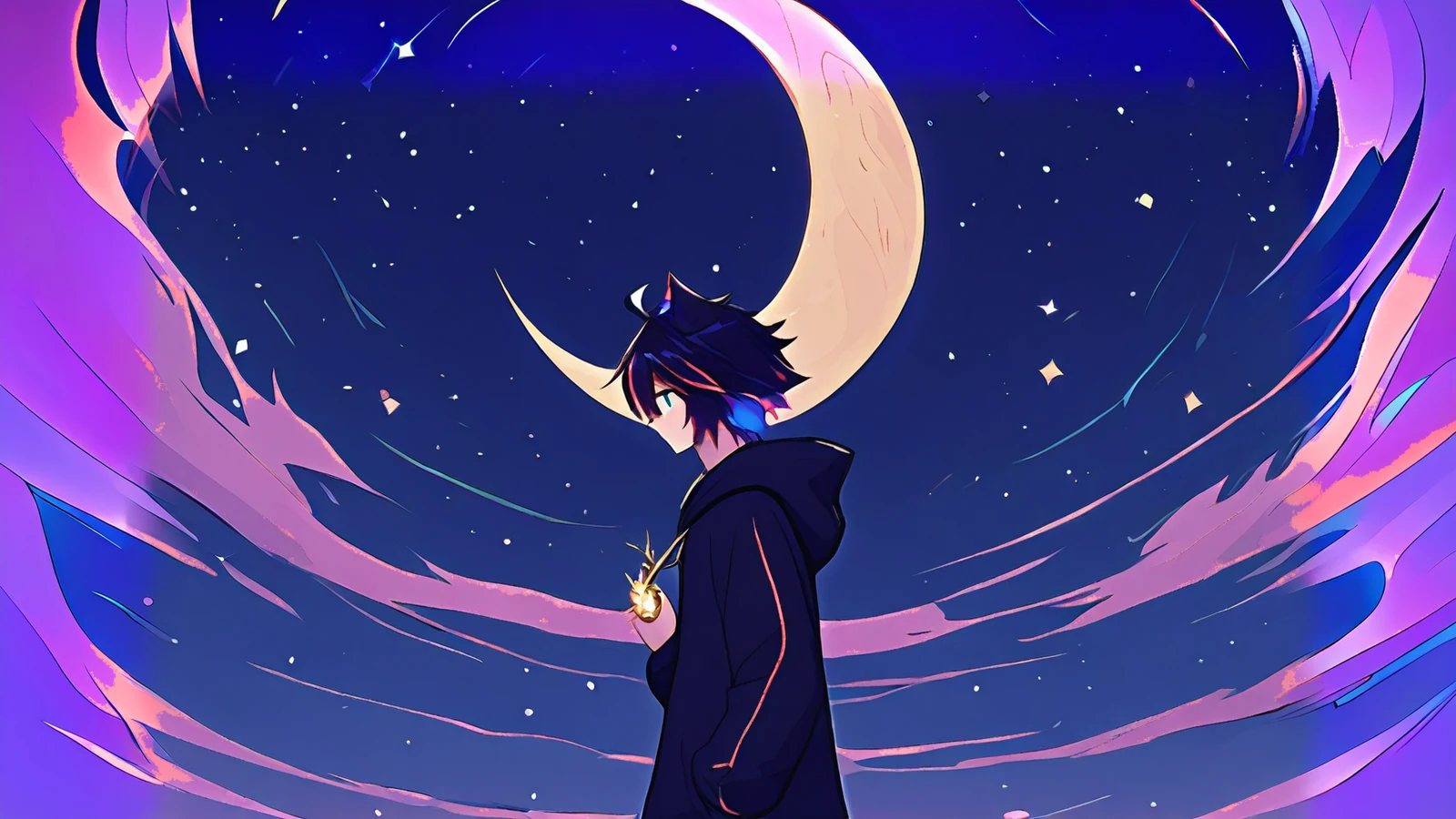 Dreamy 90s-shoujo OC holding an ornate glowing key to his chest under a starry sky, small orbs of light circling him.