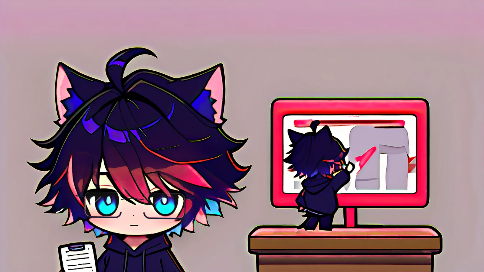 Chibi OC standing on a desk with a clipboard, directing three small floating terminal windows.