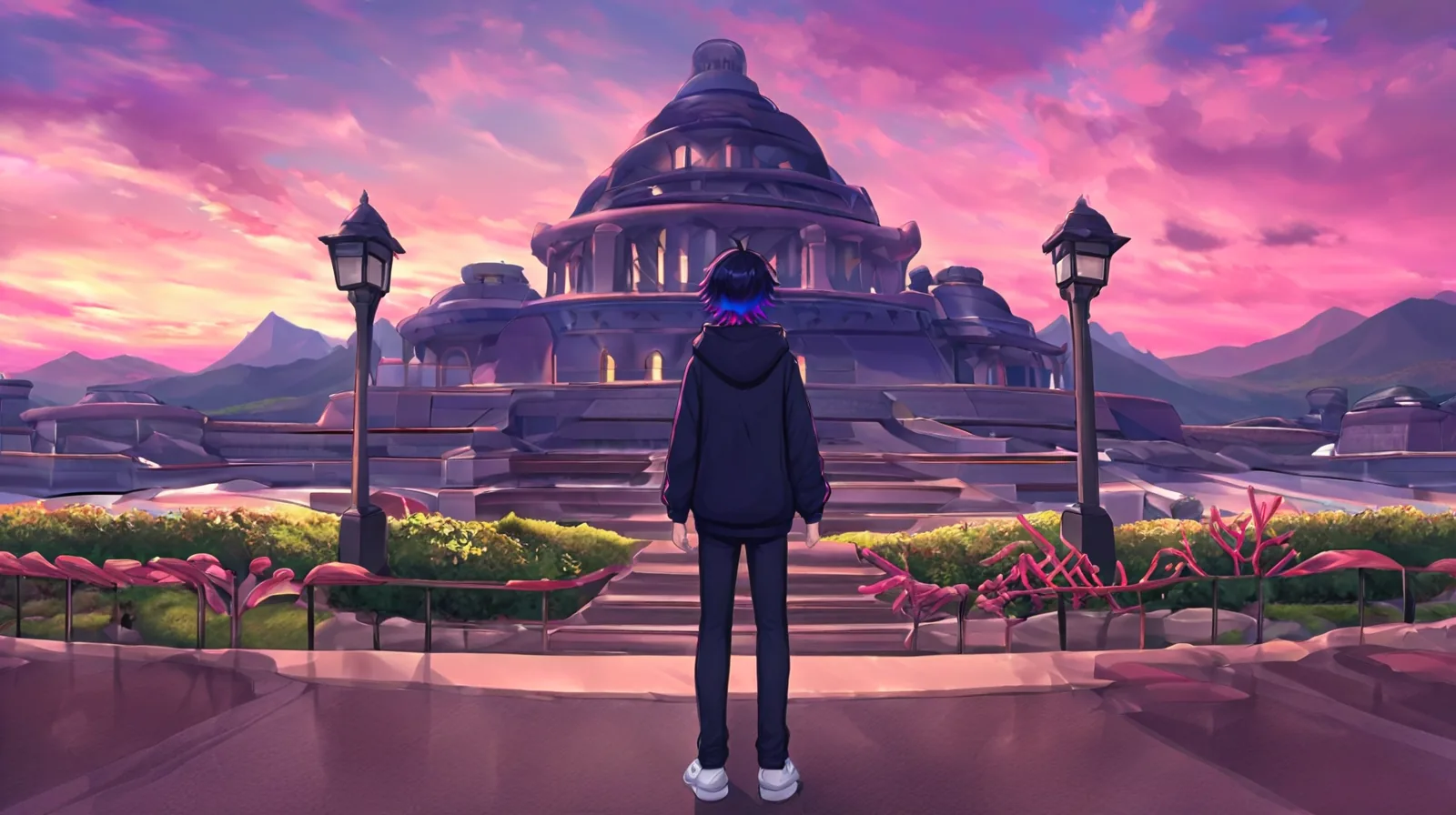 Wide shot of the coral cat-eared OC, three-quarter view, standing under a civic stone archway at dusk, colonnade and long shadows, distant capitol dome.