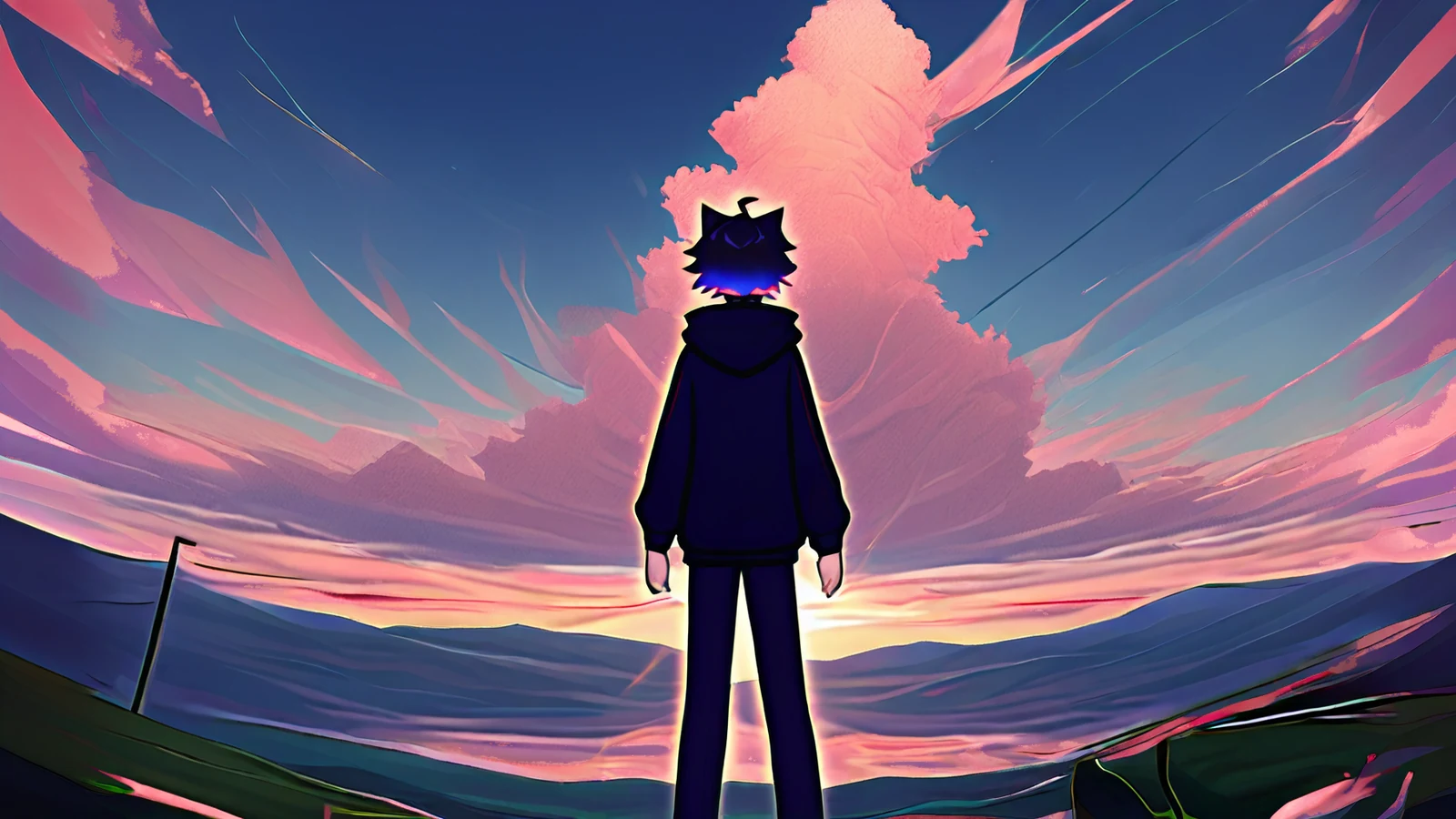 The OC with cat ears, seen from behind in a dark hoodie, standing on a hilltop facing a towering pink cloud at dusk.