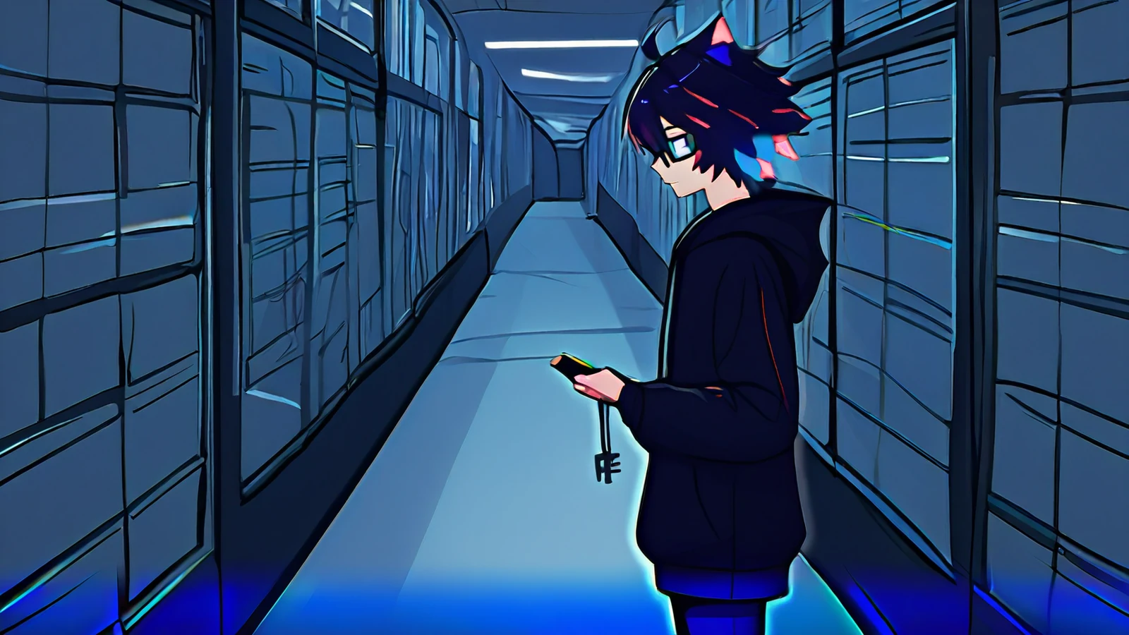 Ink-heavy OC standing in a long hallway of identical doors, holding a single key on a tag.
