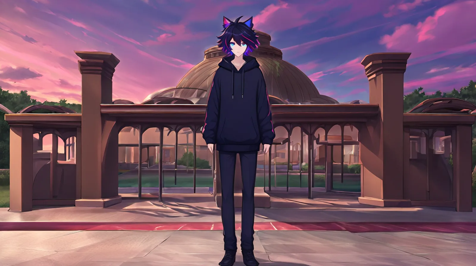 Wide shot of the coral cat-eared OC, three-quarter view, standing under a civic stone archway at dusk, colonnade and long shadows, distant capitol dome.