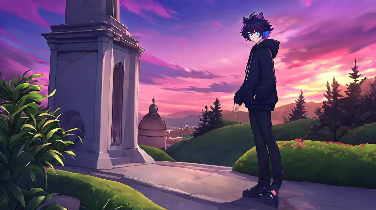 The coral cat-eared OC stands on a paved path beside a tall stone monument, clipped hedges and pines behind him under a violet sunset.