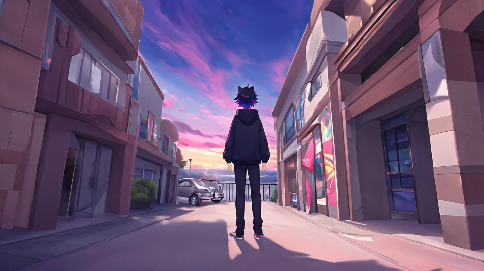 Wide shot of the coral cat-eared OC, three-quarter view, standing under a civic stone archway at dusk, colonnade and long shadows, distant capitol dome.