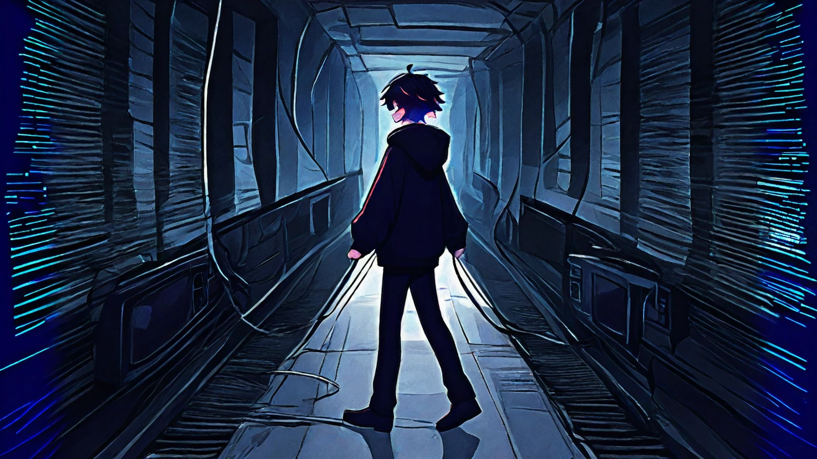 Low-saturation OC stepping out of an endless glitching corridor lined with identical CRT monitors.