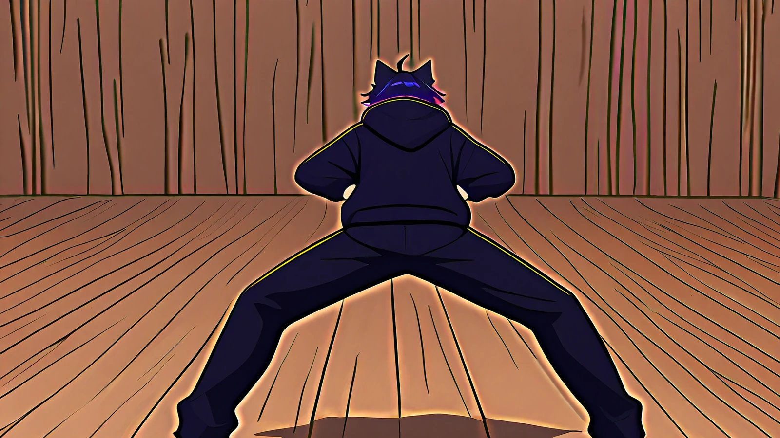 The OC with cat ears, seen from behind in a dark tracksuit, holding a wide low stance on a wooden dojo floor.