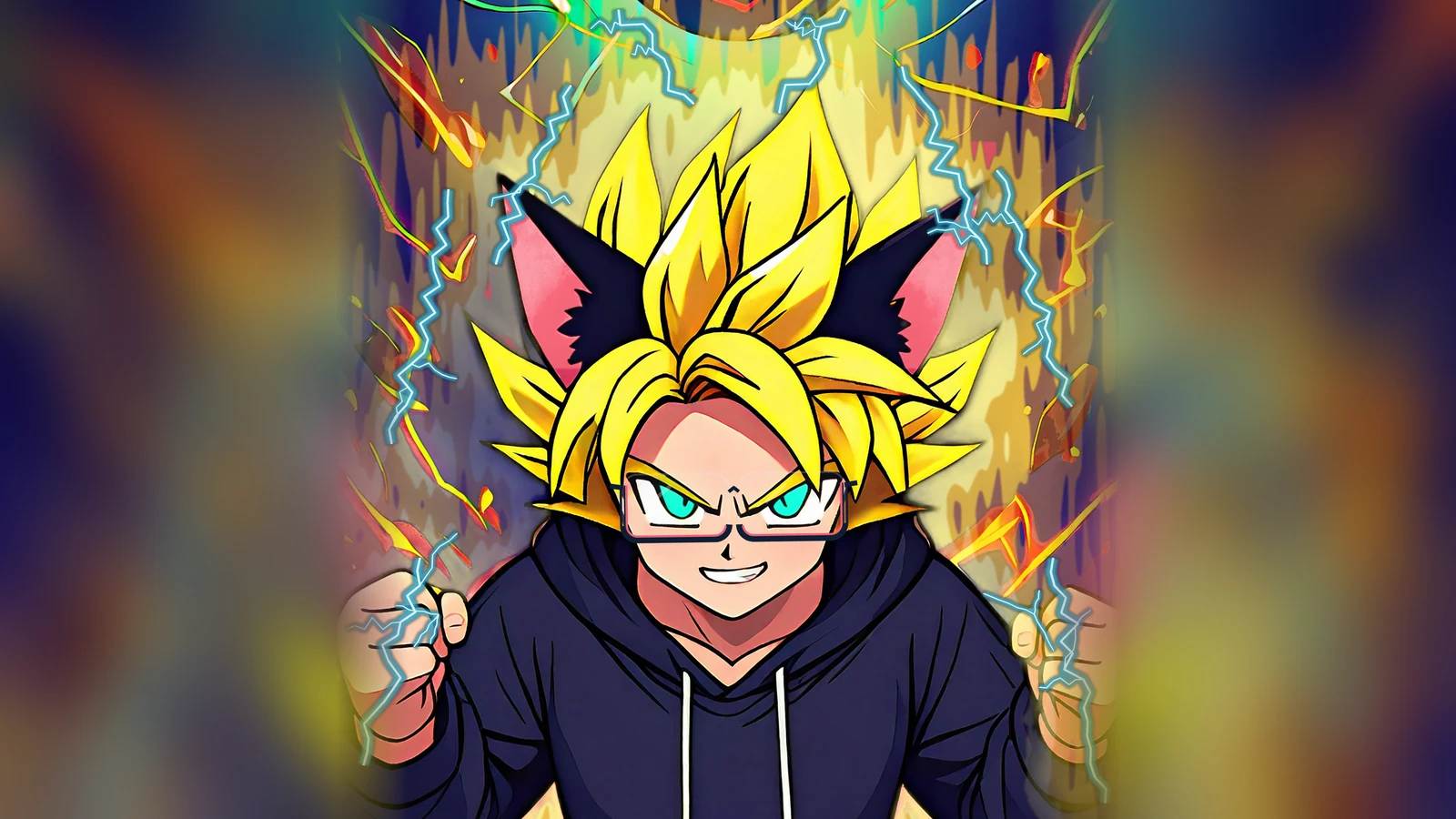 Super Saiyan OC with golden spiked hair, black cat ears and lower half-rim glasses, grinning with clenched fists as cyan lightning and a golden aura blaze around him.