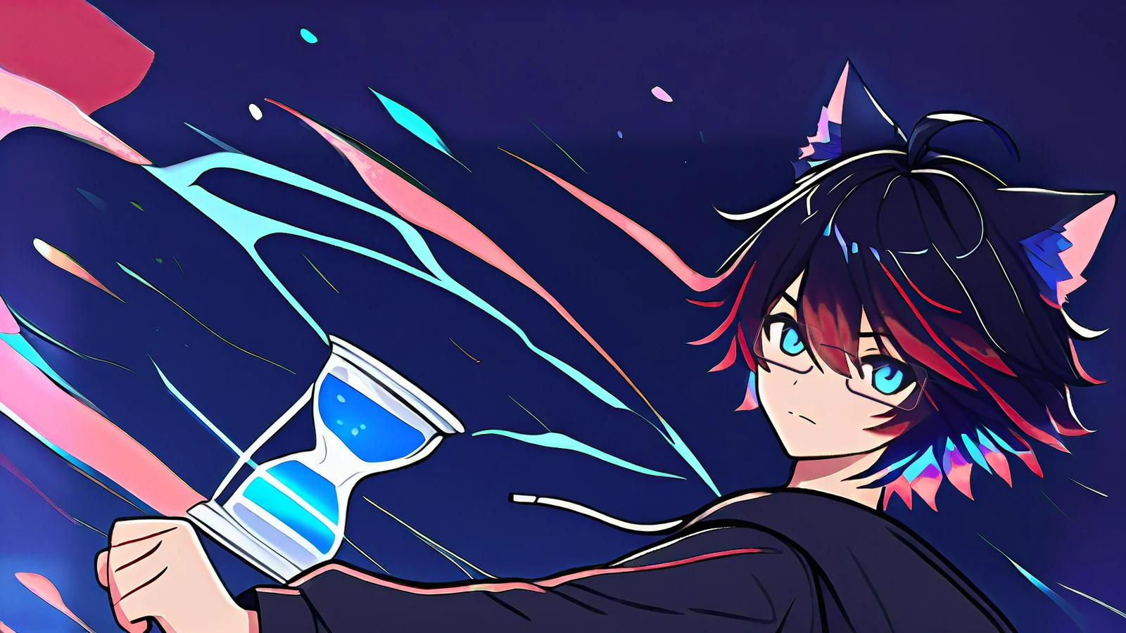 Shonen-style OC in an endless white void holding a VR headset, with a giant hourglass behind him whose sand flows upward.