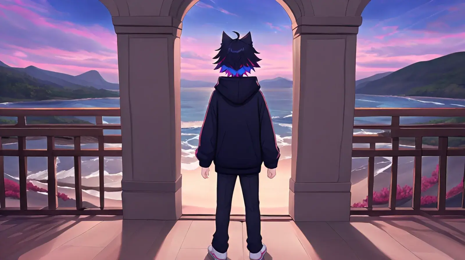 The coral cat-eared OC stands with his back to the viewer inside a stone archway, looking past a wooden railing to a beach, the ocean and a pink sunrise.