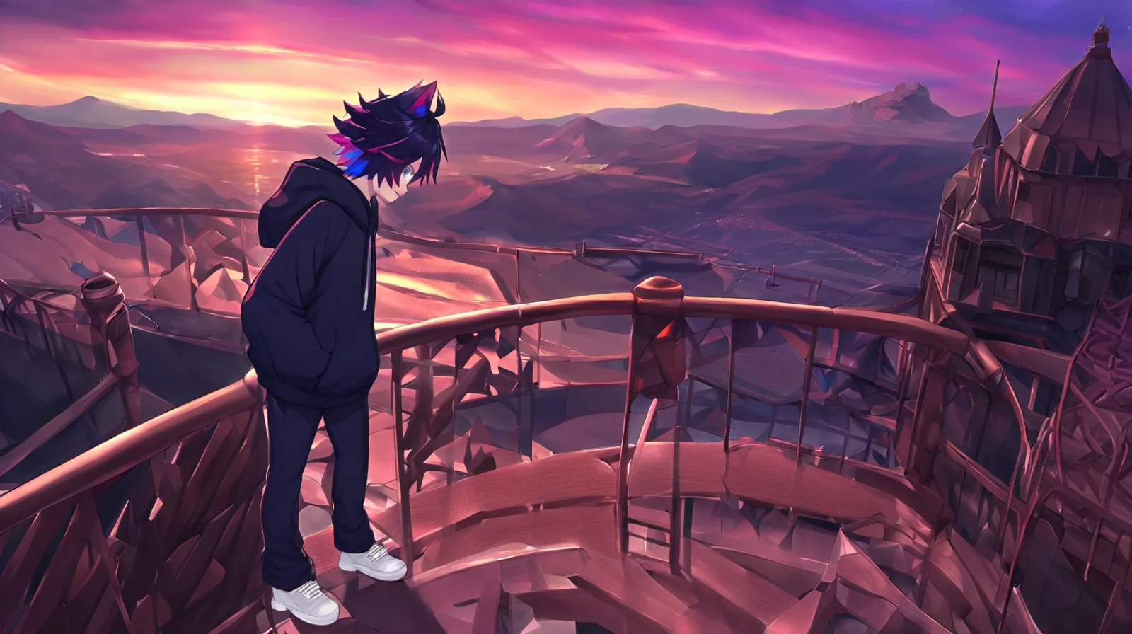 Wide shot of the coral cat-eared OC, three-quarter view, standing under a civic stone archway at dusk, colonnade and long shadows, distant capitol dome.
