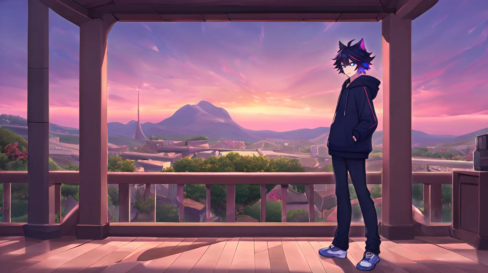The coral cat-eared OC stands at a wooden veranda railing, a mountain town and orange dusk sky spread out beyond.