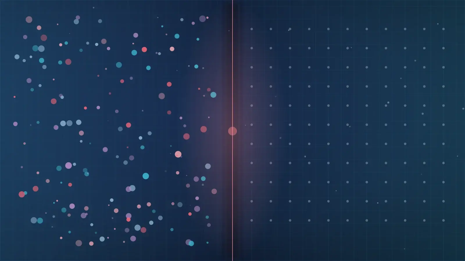 A hard coral seam splitting a navy field: a scattered spread of violet and cyan points on one side, a single uniform grid of pale points on the other.
