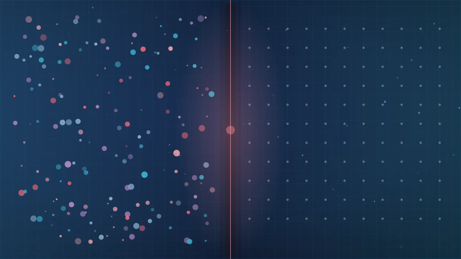 A hard coral seam splitting a navy field: a scattered spread of violet and cyan points on one side, a single uniform grid of pale points on the other.