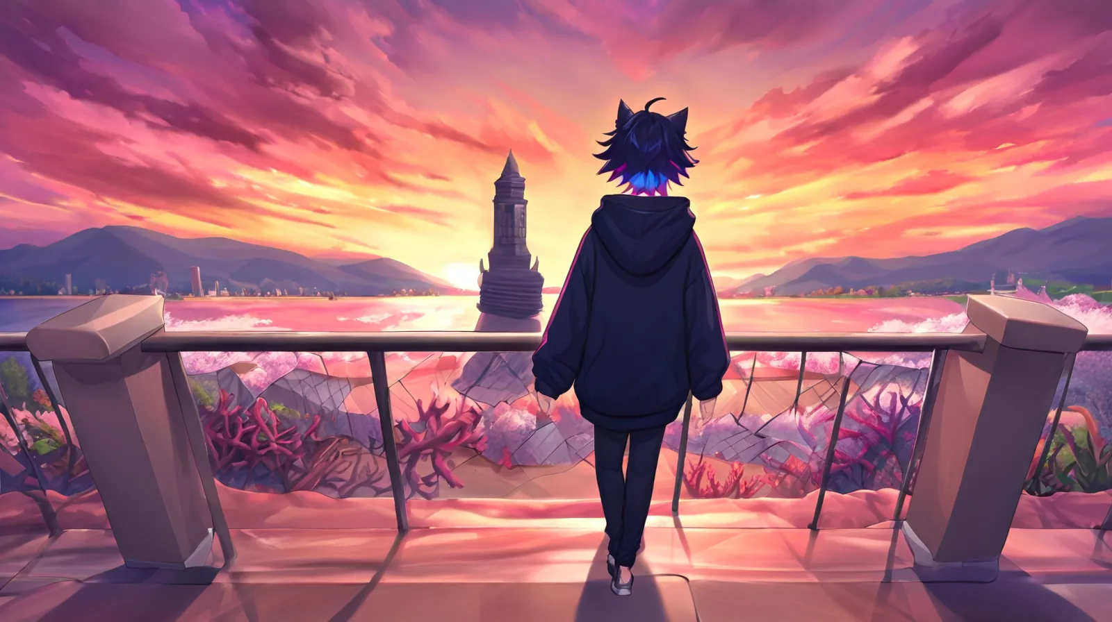 The coral cat-eared OC stands with his back to the viewer at a terrace railing, a lighthouse and a pink sunset over the water beyond.
