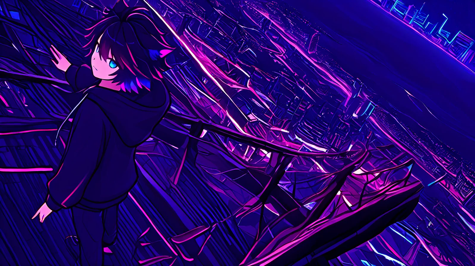 Wide shot of the coral cat-eared OC, three-quarter view, on a rooftop above a neon city, holographic lattice drifting in the air behind him.