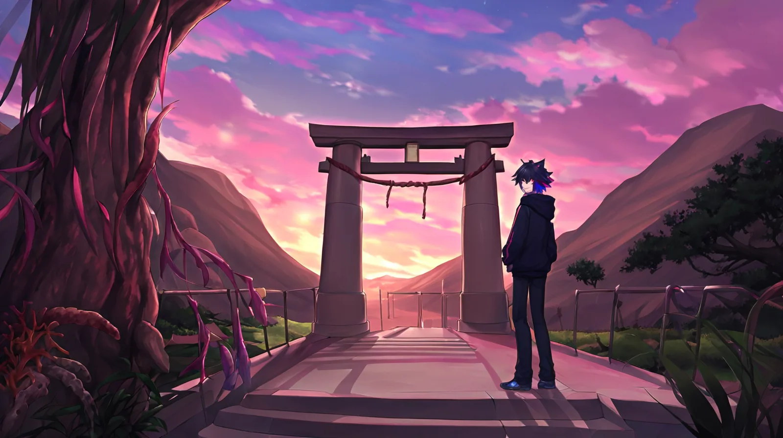 Wide shot of the coral cat-eared OC, three-quarter view, standing under a civic stone archway at dusk, colonnade and long shadows, distant capitol dome.