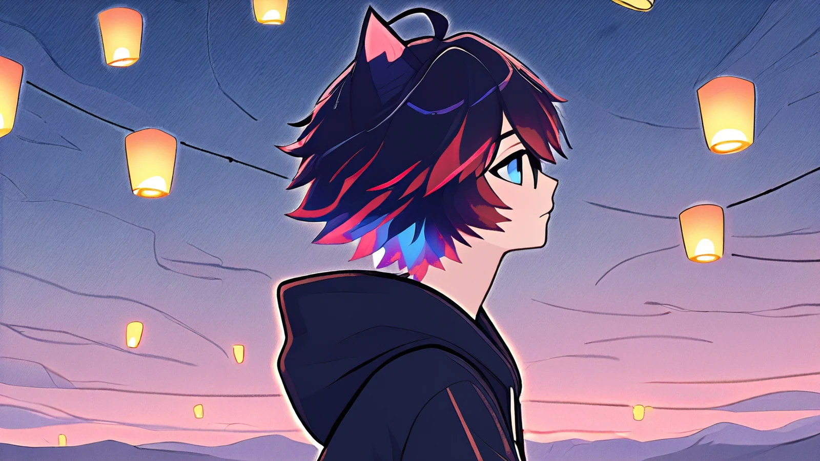 Watercolour OC sitting on a dusk hillside among many small glowing lanterns linked by thin threads of light.