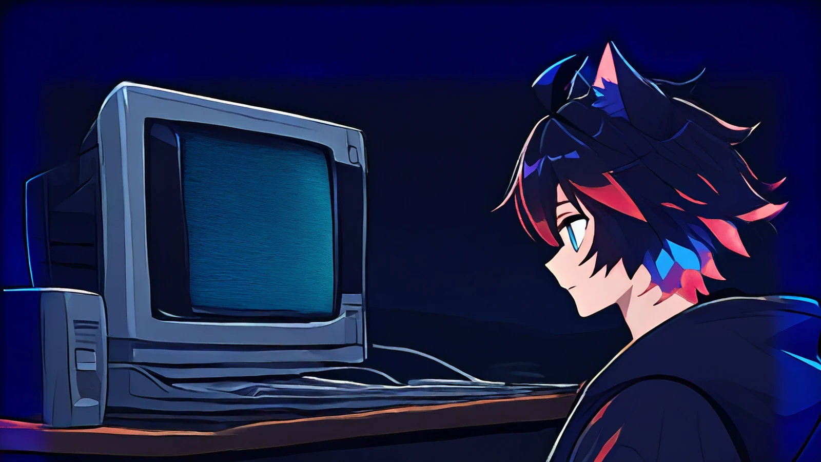 Low-saturation OC in profile facing an old CRT monitor with a single blinking cursor in a dark bedroom.