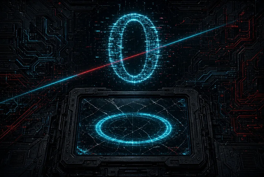 Album cover: a glowing cyan oval of glitched data above a heavy cracked monitor, over a dark circuit-board background split between cyan and red traces, crossed by two laser beams.