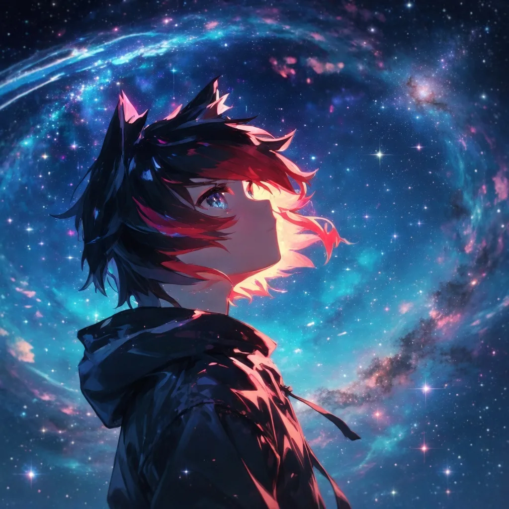 Album cover: an anime-style character in profile with spiky black hair lit pink and red at the tips, one blue-violet eye, and a dark hooded jacket, looking up into a blue, cyan, and magenta star-filled nebula.